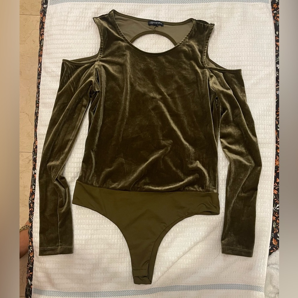 Shinestar Olive Velvet Cold Shoulder Bodysuit